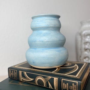 Japanese Duck Egg Blue Ribbed Vase with Signature: Vintage Studio Pottery