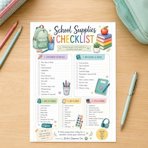 May include: A printed school supplies checklist on white paper featuring colourful illustrations of a backpack, books, and stationery. The text includes School Supplies CHECKLIST, five categorised sections, and a top tip to label everything with your child's name.
