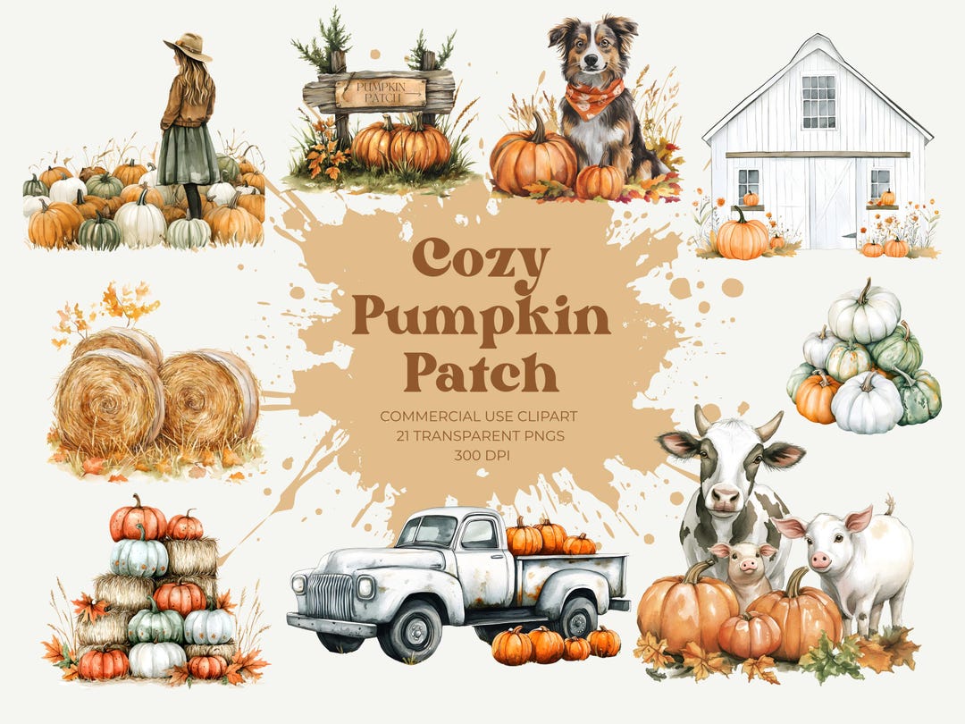 Cozy Pumpkin Patch Clipart Pack, Autumn Digital Art for Fall Crafts ...