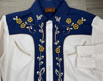 Koszula Vintage Rio Grande Western Pearl Snap Shirt z haftowanymi kwiatami w kolorze granatowo-białym, rozmiar M