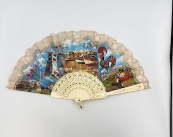 Vintage Portugal Algarve Falten Handfächer Spitzenbesatz Gold Akzente Hahn Dekor