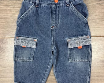 Baby Baggy Cargo Jeans Blue Orange Snap 6-9 Months Elastic Back Cotton Gorpcore
