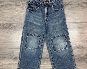 Pantalones vaqueros vintage GAP para niños pequeños de 4 años, de mezclilla, con parches en las rodillas, color azul, estilo ropa de trabajo.
