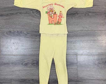ヴィンテージ 80年代 ストロベリーショートケーキ ワッフルパジャマ ベビーガール グラフィックセット 12～18 M *詳細