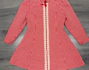 Vestido vintage hecho a mano de encaje rojo a cuadros, estilo cottagecore para niñas, talla 6/7, estilo pradera.