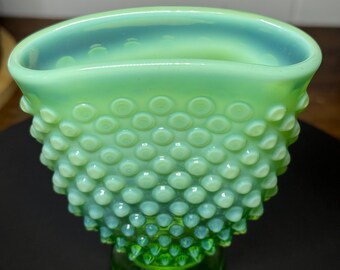 Fenton Green Uranium Opalescent Hobnail Fan Vase