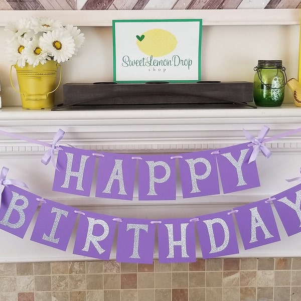 Girl Birthday banner Purple - Happy Birthday lavender Lilac- decorations decor Girl party Silver Glitter first birthday 1st LARGE 4.25x5.25