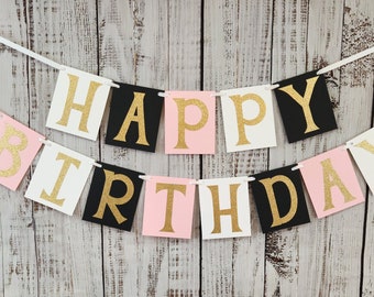 Pink & Gold Glitter Happy Birthday Banner – Party Decor