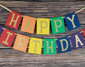 Rainbow Birthday Banner – Gold Glitter Letters, Colorful Party Decor