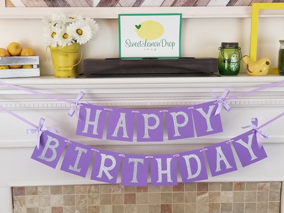 Purple Birthday banner - Happy Birthday lavender - decorations decor Girl party Silver first 1st LARGE 4.25x5.25 Il_570xn