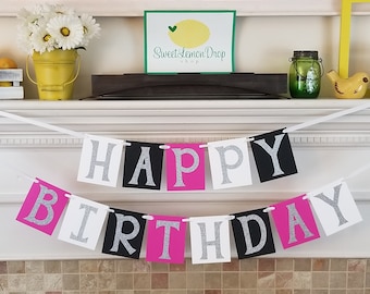 Personalized Birthday Banner Girl - Pink, Black & White Decor