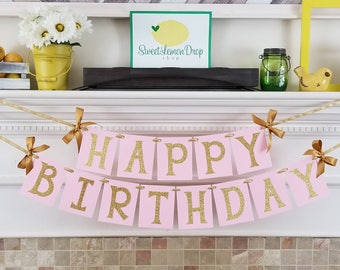 Pink Gold Birthday Banner party - girl decorations decor Glitter - Happy Birthday first 1st LARGE 4.25x5.25