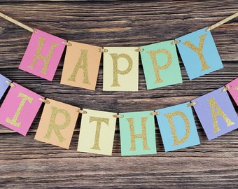 Pastel Rainbow Birthday Banner - Gold Glitter Letters