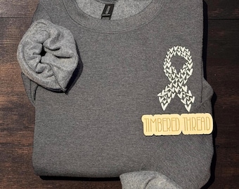 Lung Cancer Embroidered Crewneck, Cancer Gifts, Lung Cancer Awareness T Shirt, White Cancer Crewneck Heart Ribbon (Original Creator)
