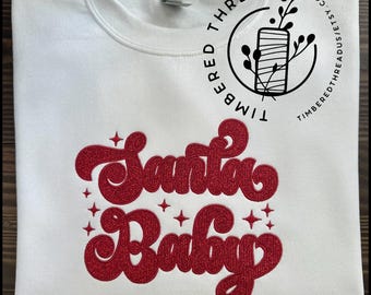 Sudadera bordada de Papá Noel para bebé: Cuello redondo navideño brillante