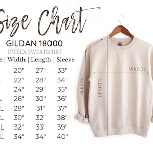 May include: Size chart for Gildan 18000 unisex sweatshirt. The chart shows measurements in inches for width, length, and sleeve length for sizes S through 5XL.