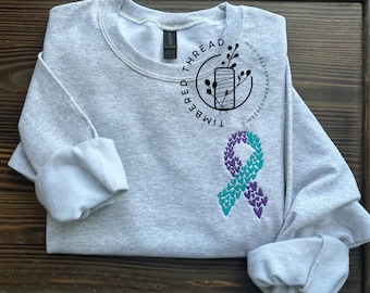 Embroidered Suicide Prevention Awareness Crewneck,Mental Health Shirt,In September We Wear Teal & Purple,Ribbon, (Original Creator)