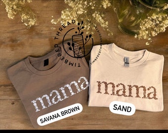 Floral Mama Embroidered T-Shirt: Neutral Crewneck Gift