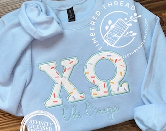 Chi Omega Applique Sweatshirt, Sprinkle Fabric, Sorority Gift