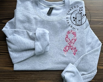 Breast Cancer Embroidered Crewneck, Cancer Gifts, Breast Cancer Awareness T Shirt, Breast Cancer Crewneck Heart Ribbon (Original Creator)