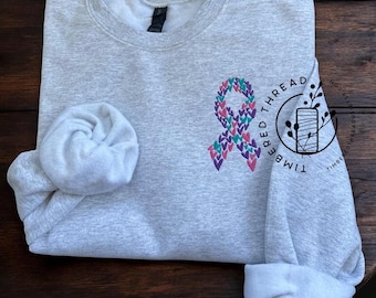 Thyroid Cancer Embroidered Crewneck, Cancer Gifts, Cancer Awareness T Shirt, Thyroid Cancer Crewneck Heart Ribbon (Original Creator)