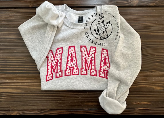 Mama Sweatshirt Embroidered Varsity Style | Mama Crewneck | Mom Gift | Valentine Mama Shirt | Heart Pattern Mama Pullover