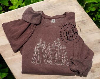 Embroidered Book Shelf Crewneck: Maroon Floral Bookish Sweatshirt