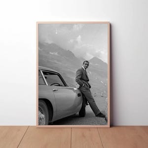Sean Connery Print, 007 James Bond Aston Martin Car Poster, Black and White Wall Art, Vintage Photography Home Décor Premium Quality