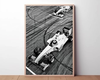 Póster de coche de carreras de Fórmula 1: Impresión fotográfica vintage en blanco y negro