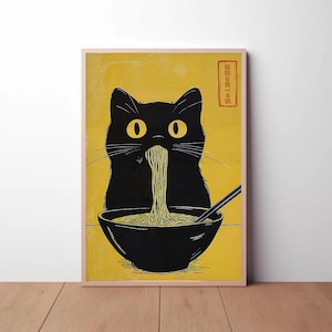 Stampa di una rana che mangia ramen, poster retrò di un ramen con rana, decorazione murale di spaghetti ramen, arredamento da cucina originale, poster di cultura giapponese, arte murale unica