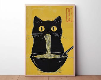Kot jedzący ramen: Oryginalna japońska sztuka ścienna z makaronem