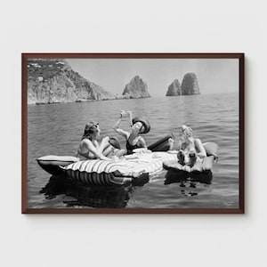 Vintage Women Eating Pasta Art Print: Funny Lake Picnic Poster