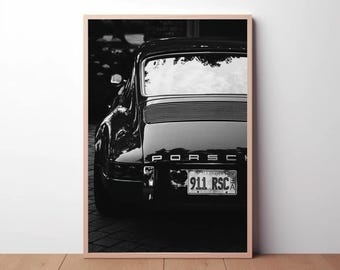 Vintage Porsche 911 Car Print: Black and White Photography, Retro Home Decor