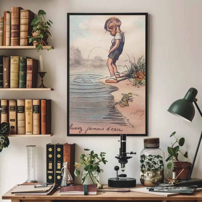 Lámina artística de Georges Redon: Niño orinando en el lago: humor divertido en el baño imagen 3