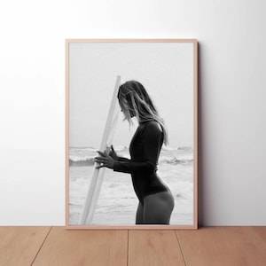 Surfer Girl Surfboard Poster Prints, Feminist Fashion Luxury Wall Art Black and White Premium Photography Vintage Retro, Timeless Home Decor