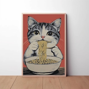 Stampa di una rana che mangia ramen, poster retrò di un ramen con rana, decorazione murale di spaghetti ramen, arredamento da cucina originale, poster di cultura giapponese, arte murale unica
