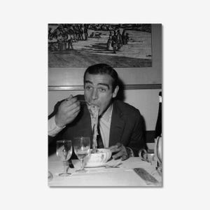 Sean Connery photo CANVAS wall art prints, 007 James Bond Eating Spaghetti, Black and White, Vintage Photography Home Décor Premium Quality