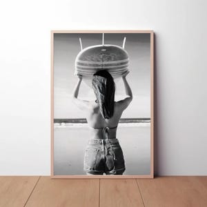 Surfer Girl surfboard Poster Prints, Feminist Fashion Luxury Wall Art Black and White Premium Photography, Timeless Home Decor