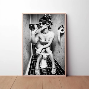 Woman Girl Sitting On Toilet Drinking Poster Prints, Funny Bathroom Wall Art Black and White Vintage Retro Decor, Fashion Print, Home Decor