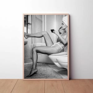 Woman in Bathtub Black and White Photography Print: Toilet Humor Home Decor