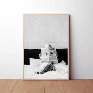 Woman Reading &#39;Fashion&#39; Newspaper: Black and White Modern Art Print