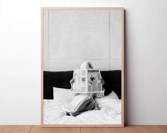 Woman Reading 'Fashion' Newspaper: Black and White Modern Art Print