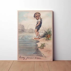 Lámina artística de Georges Redon: Niño orinando en el lago: humor divertido en el baño Colour