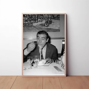 Sean Connery Print, 007 James Bond Eating Spaghetti Kitchen Poster, Black and White Wall Art, Vintage Photography Home Décor Premium Quality