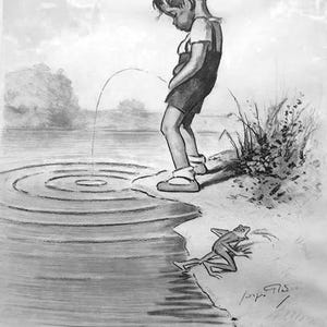 Lámina artística de Georges Redon: Niño orinando en el lago: humor divertido en el baño Black/White