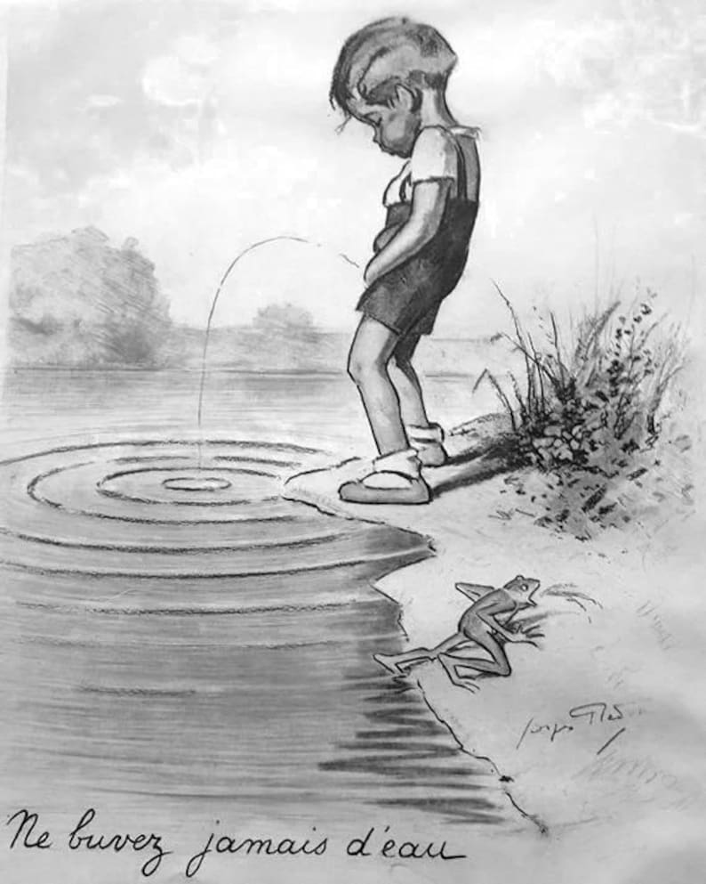 Lámina artística de Georges Redon: Niño orinando en el lago: humor divertido en el baño Black/White