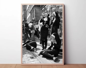 Funny Nuns Drinking Alcohol Print: Black and White Photography Wall Art