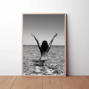 Sexy Topless Woman in Sea Poster, Black and White Wall Art Vintage Print, Photography Prints, Museum Quality Photo Home Décor