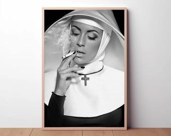 Impresión de monjas fumando cigarrillos, divertido arte de pared vintage en blanco y negro, decoración de pared para sala de estar, fotografía minimalista, calidad de museo