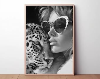 Poster Femme avec léopard, oeuvre d&#39;art mural noir et blanc, photographie de mode Décoration d&#39;intérieur Chambre à coucher Salon Idée cadeau de qualité supérieure